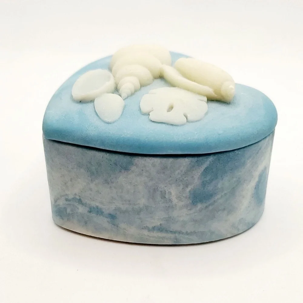 Vintage Heart-Shaped Trinket Box with Sea Shells on Lid